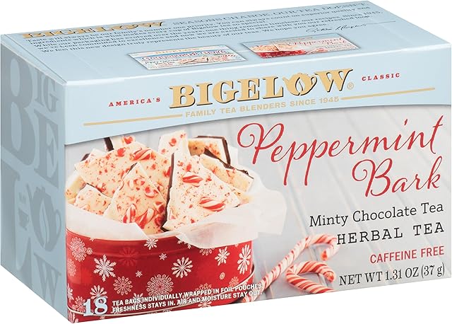Bigelow Tea Peppermint Bark Herbal Tea, Caffeine Free Tea with Peppermint and Chocolate, Holiday and Christmas Tea, 18 Count Box (Pack of 6), 108 Total Tea Bags