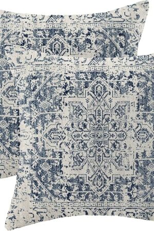 Boho Pillow Covers 18x18 Set of 2, Ethnic Design Decorative Throw Pillows Linen Blue Carpet Pattern Farmhouse Cushion Pillow Covers for Sofa Couch Outdoor