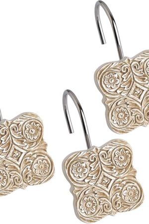 Creative Scents Shower Curtain Hooks Set of 12 Shower Set Rings 100% Rust Free -for Bathroom Shower Curtain Rod Victoria Collection (Beige)