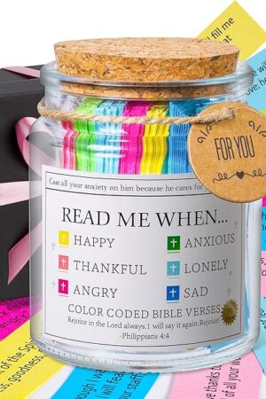 Bible Verse Jar, Read Me When Bible Verses Jar for Emotions and Feelings, Christian Gifts for Women, Men, Birthday Gifts for Mom,Graduation Gift for Her, Prayer Cards Comes With A 48-inch Ribbon Bow