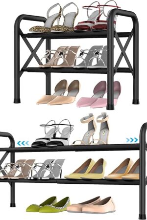 2-Tier Expandable Shoe Rack for Closet, Adjustable Shoe Organizer Metal Shoe Shelf for Entryway, Garage & Corridor, Free Standing Shoe Holders, Easy to Assemble