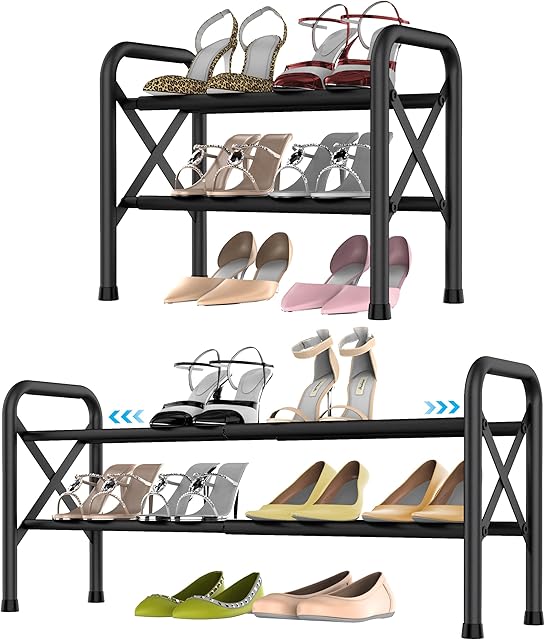 2-Tier Expandable Shoe Rack for Closet, Adjustable Shoe Organizer Metal Shoe Shelf for Entryway, Garage & Corridor, Free Standing Shoe Holders, Easy to Assemble