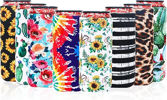 8 Pcs Slim Can Coolers Sleeves For 12oz Slim Beer & Hard Soda, Tall Skinny Can Cooler Holder Colorful Neoprene Bottle Insulator Perfect For Christmas Parties Valentines Day Gifts (Floral)