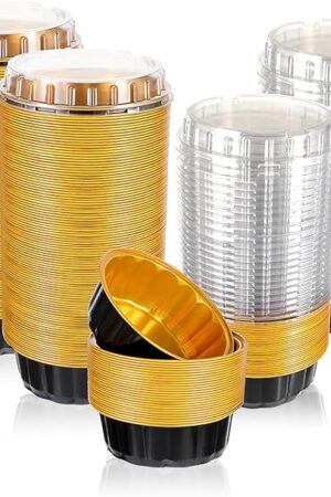 100 Pack 8 oz Disposable Ramekins with Lids, Creme Brulee Dessert Cupcake Ramekin Aluminum Foil Cup, Black Gold Aluminum Foil Cups, Cupcake Containers for Wedding, Kitchen, Party, Graduation