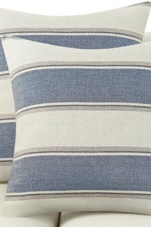 AmHoo Pack of 2 Farmhouse Linen Throw Pillow Cover Cushion Stripe Decoration Buffalo Retro Pillowcase with Hidden Zipper for Sofa Bedroom Car 18 x 18 Inch Blue