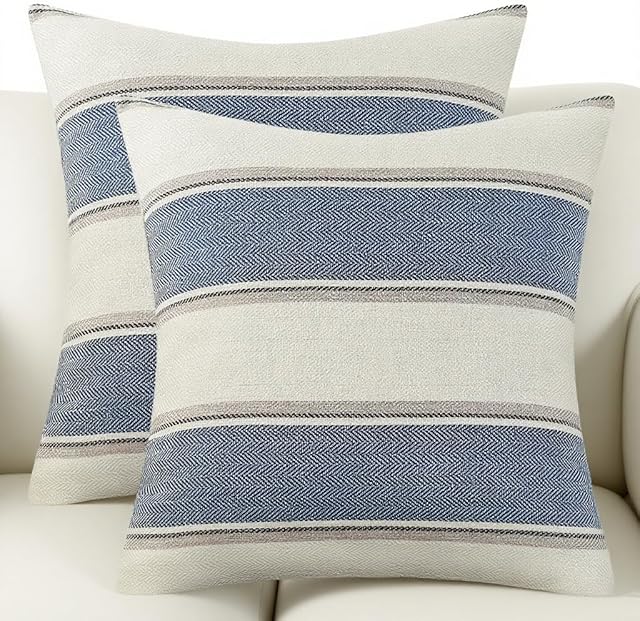 AmHoo Pack of 2 Farmhouse Linen Throw Pillow Cover Cushion Stripe Decoration Buffalo Retro Pillowcase with Hidden Zipper for Sofa Bedroom Car 18 x 18 Inch Blue