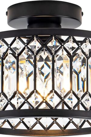 Crystal Ceiling Light Fixture, Modern Semi Flush Mount Ceiling Light,Crystal Chandelier for Kitchen Bedroom Bathroom Entryway Black (Bulb not Included)