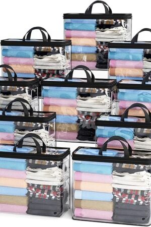 10PACK Clear Zippered Storage Bag for Clothes, 22L Clear Storage Bags, and Blanket Storage Bags for Bedding, Linen, Blankets, Comforters, Clothing & Toys (Black)