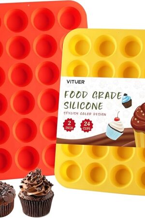 2PCS Silicone Mini Muffin Cupcake Pan, Non-Stick 24-Cavity Silicone Muffin Pans for Baking, Great for Making Muffin, Cakes, Tart, Bread, BPA Free, Dishwasher Safe (Red+Yellow)