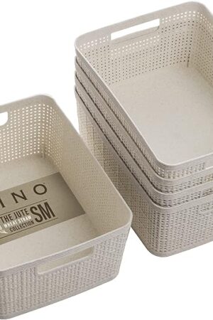 BINO | Woven Plastic Basket | Small (Natural), 5-Pack | THE JUTE COLLECTION | Home Organization, Space - Saving Storage, Stylish Design | Jute Basket | Plastic Storage Basket