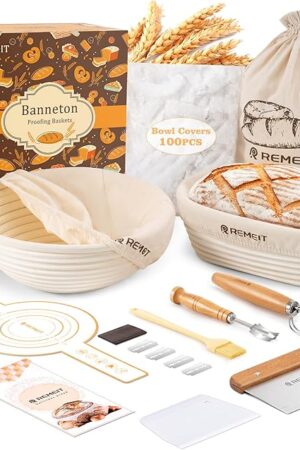 Banneton Bread Proofing Basket Sourdough Bread Baking Supplies, Sourdough Starter Kit with 9" Round and 10" Oval Baskets, Sling, Bread Lame, Proofing Cover, Scraper, Dough Whisk