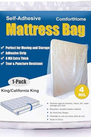 ComfortHome 4 Mil Extra Thick Sealable Mattress Bag with Adhesive Strip for Moving and Storage, Heavy Duty, Fits King and Cal King, 1-Pack