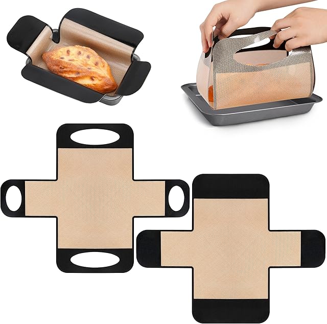 2Pcs Silicone Bread Sling, Reusable Bread Loaf Pan Liner, Non-Stick and Heat-Resistant & BPA-Free Baking Mat Sourdough Transfer Mat with 4 Long Handles, Fits 9x5" or 1.5lb Pans, Easy to Lift and Clean