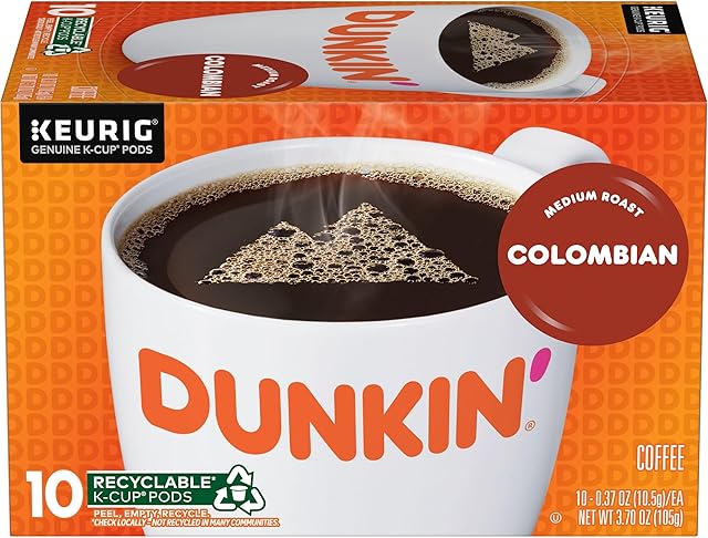 Dunkin' 100% Colombian Medium Roast Coffee, 10 Keurig K-Cup Pods
