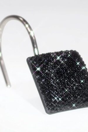 Black Shower Curtain Hooks Rings: Bling Glitter Sparkle Shiny Crystal Diamond Decorative Shower Curtain Rings - Luxury Fancy Glam Square Rhinestones Curtain Hooks & Hangers for Bathroom - Set of 12