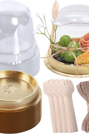 Whaline 50 Sets Disposable Individual Charcuterie Cup Clear Plastic Round Cake Boxes with Dome Lids Mini Wooden Spork Rope for Outdoor Snack Packing Open Houses Gatherings Wedding Party Event