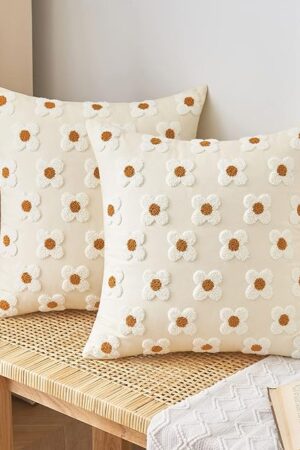 EMEMA Decorative Throw Pillow Covers Sun Flower Jacquard Pillowcase Cushion Case Square for Couch Sofa Bed Living Room Bedroom Set of 2, 18x18 Inch, Beige