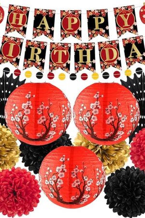14Pcs Hibachi Party Decorations, Japanese Lanterns with Cherry Blossom Patterns Tissue Paper Pom Poms Circle Dots Garland Happy Birthday Banner Set for Japanese party decorations