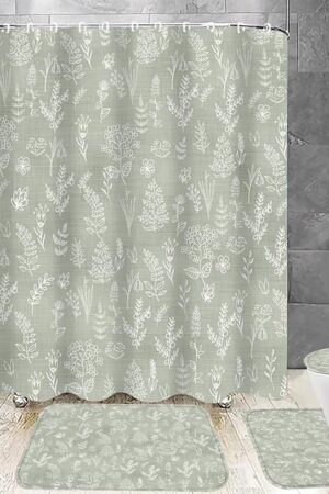 Chrainy 4Pcs Green Leaves Shower Curtain Set with Rugs Plants Floral Rustic Bathroom Decor Set Vintage Sage Bathroom Set with Shower Curtain and Rugs and Accessories 12 Hooks