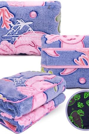 Axolotl Blanket for Airplane Travel - Glow in The Dark Kids Travel Blanket Pillow Set for Plane, Car - Axolotl Gifts Toys for Girls, Small Soft Purple Fleece Throw for Teens Girls 40" x 60"