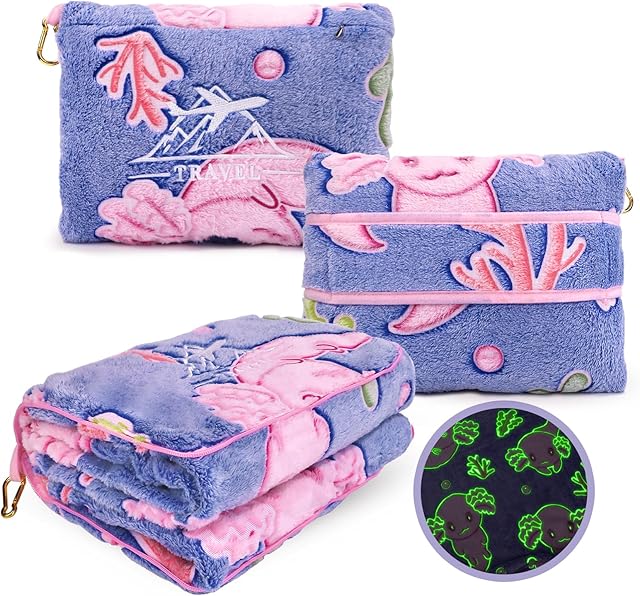 Axolotl Blanket for Airplane Travel - Glow in The Dark Kids Travel Blanket Pillow Set for Plane, Car - Axolotl Gifts Toys for Girls, Small Soft Purple Fleece Throw for Teens Girls 40" x 60"
