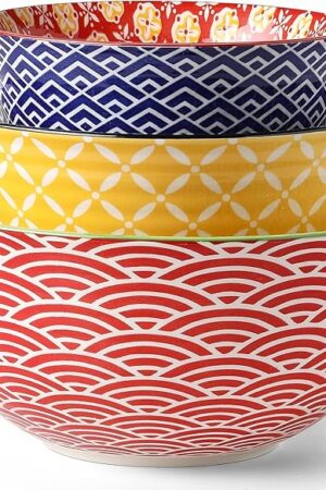 Ceramic Mixing Bowls for Kitchen, Colorful Nesting Bowls, Large Serving Bowls for Prepping, Baking, Mixing, Salad, Microwave Dishwasher Safe, 3.7/2.3/1.4 Qt, Set of 3