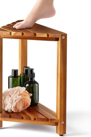 BLUEWEST Corner Shower Stool, Wooden Corner Shower Bench for Shaving Legs Inside Shower, Waterproof Shower Foot Rest with Storage Shelf, Shower Seats and Benches