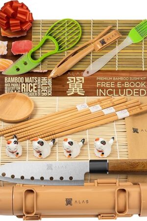 Alas Complete 20 Piece Sushi Making Set - Kit for Beginners & Pros with Knife, 2 Mats, Rice Bazooka and Dipping Plate