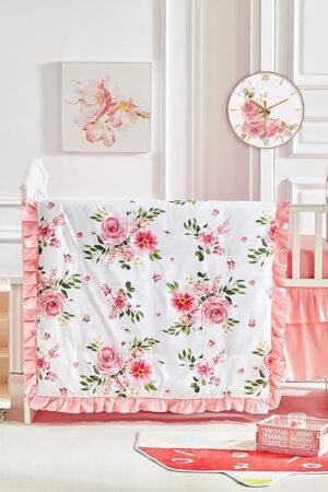 3 Pieces Crib Bedding Set Flowers Floral Design Ruffled Quilted