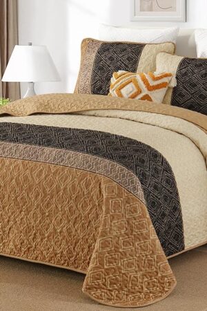 Cottolester Fall Quilt Set Queen Size 3 Pieces,Brown Striped Bedspread,Boho Plaid Bedding Set Soft Microfiber Quilt with 2 Pillow Shams 96"x90"