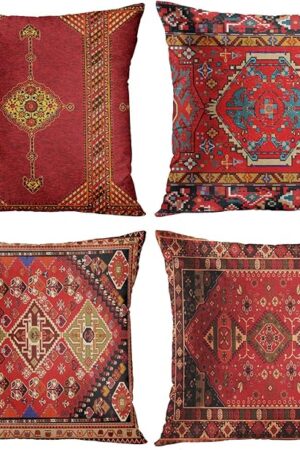 Britimes Throw Pillow Covers Geometric Kilim Moroccan Home Decor Set of 4 Oriental Ikat Pillow Cases Living Room Decorative 18 x 18 Inches Cushion Couch Sofa Pillowcases Colorful Red Tribal