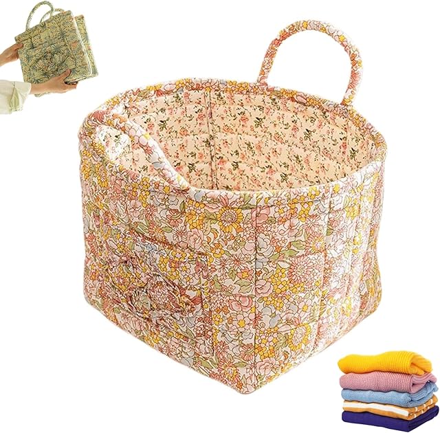 Eagerlyous/Eagerlyus Boho Fabric Storage Basket, Boho Laundry Basket with Handle, Large Capacity Tote Bag with Front Pocket, Foldable Square-Shaped Floral Storage Basket Home Organizatio (G)