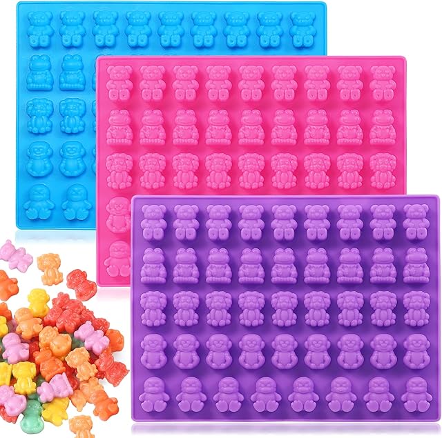 3pcs medium sized animal shapes candy chocolate silicone molds include bear, frog, lion, monkey, penguin, and two droppers, which can be used to make gummies, chocolate, ice cubes, etc