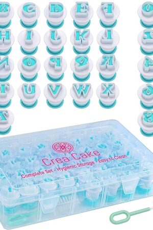 Crea Cake® 36 pcs Fondant Alphabet Letter Cutters, BPA Free Letter Plunger for Cake Letters Edible, Alphabet Cookie Cutters, Number & Letter Cutters for Cake Decorating, Stamps in Storagebox and Brush