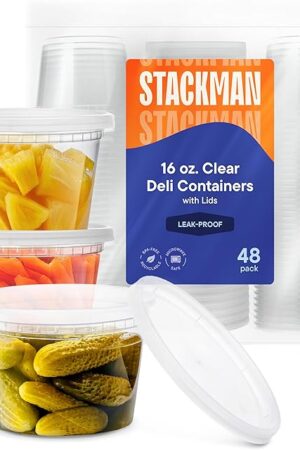 Deli Containers with Lids [48 Sets - 16 oz.] Pint Plastic Soup Container - Disposable Deli Food Storage Containers with Airtight Lids for Freezer & Restaurant Takeout