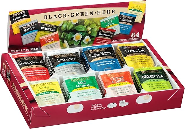 Bigelow Tea Assortment, 64 Tea Bags - Green, Black & Herbal | English Teatime | Constant Comment | Lemon Lift | Earl Grey | Cozy Chamomile | Orange Spice | Mint Medley | Varieties | Pack of 1