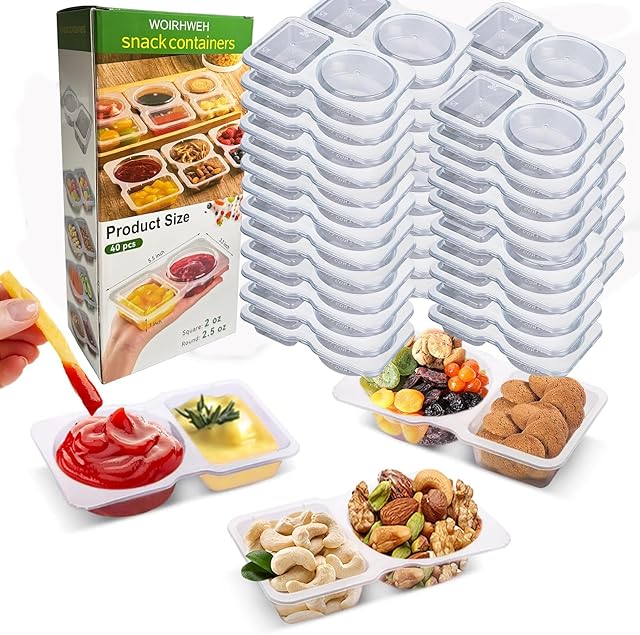 40 Sets Upgrade Double Compartment Condiment Container, 2025 New Reusable Grab And Go Snack Containers with Lids, for Snacks Dips Travel and Outdoor Camping,77 pcs (40 boxes/37 lids)