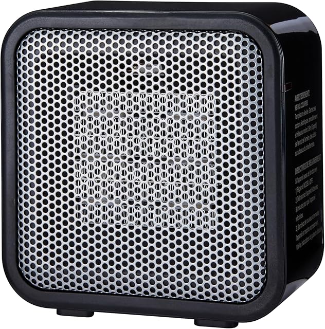 Amazon Basics Ceramic Space Heater, Mini Heater for Office Desk, Portable Tent Heater for Camping (Indoor Use), 500 W, With Tip-Over Protection, Lightweight (1.4 LBS), Black, 5.87?D x 3.15?W x 5.95?H