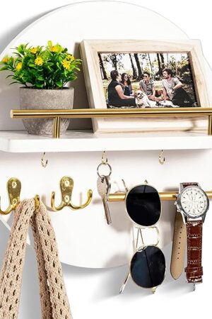 Wall Mount Key Holder with Shelf, Circular Design, White