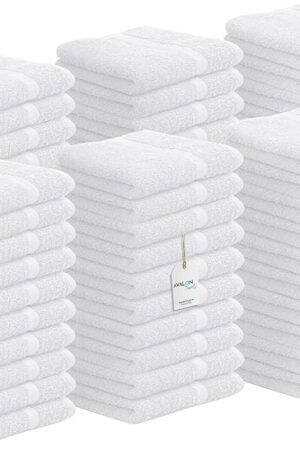 Avalon Towels Cotton Washcloths – (Pack of 60) Size 12x12 Inches, 100% Ring Spun Cotton, Soft & Absorbent Face Towels, Gym Towels, Hotel and Spa Quality, Reusable Fingertip Towels (White)