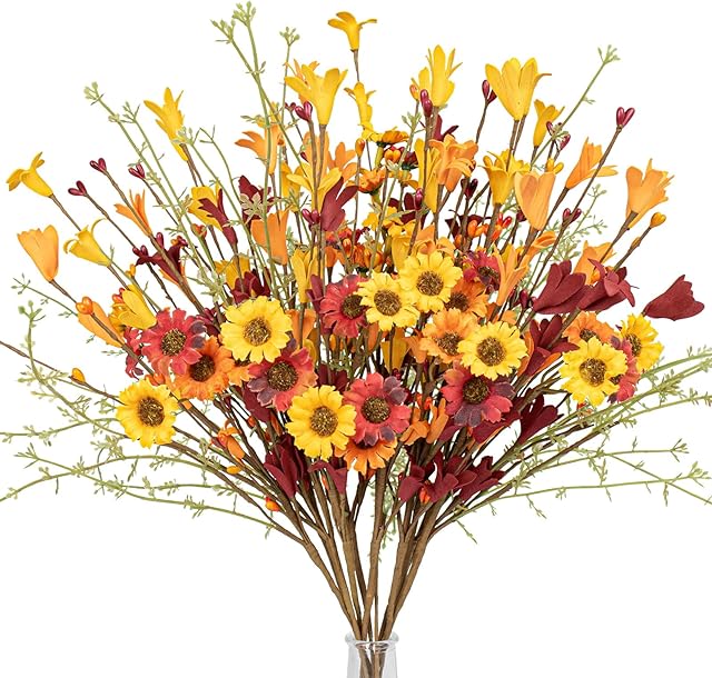Artificial Fall Flowers 12 Pack Floral Picks 17" Tall Forsythia Stems with Berries for Autumn Flower Arrangements Centerpieces Indoor Outdoor Decorations