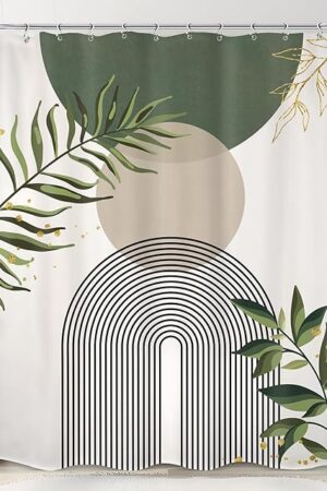 Boho Green Shower Curtain, Sage Bohemian Mid Century Modern 60Wx72H Bathroom Curtain, Abstract Gold Leaves Plant Olive Grey Minimalist Bathroom Decor Bath Curtain Polyester 12 Pack Hooks