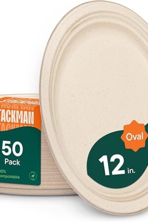 100% Compostable Oval Paper Plates [50-Pack] - {PFAS-Free} - {BPI Certified} - [12 Inch] Heavy Duty, Eco-Friendly, Biodegradable Bagasse Platters - Natural Brown 12" Oval Platter Plates by Stack Man