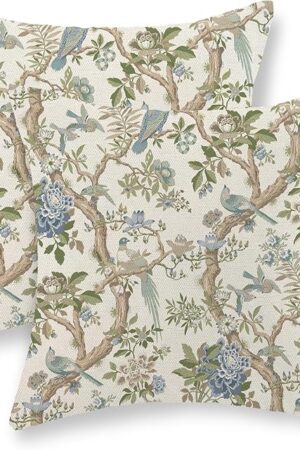 Chinoiserie Pillow Covers 18x18 Set of 2 Blue Green Bird Floral Throw Pillows Vintage Blue Flowers Decorations Outdoor Pillowcase Chinoiserie Decor Farmhouse Linen Cushion Case for Couch Home