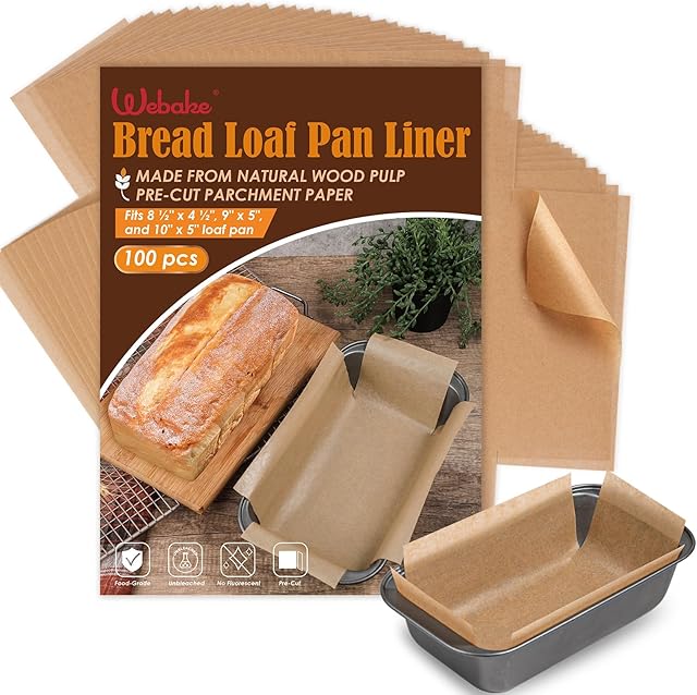 Webake Unbleached Parchment Paper Loaf Pan Liners for Baking Bread 9x5, 1lb 1.5lb 2lb, Original Precut, Non Toxic 100 Pcs Baking Paper