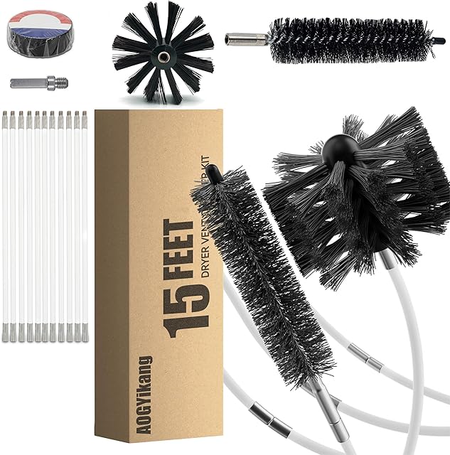 15 Feet Dryer Vent Cleaning Brush Kit, Multi-Scene Durability Chimney Brush with Flexible Nylon Rod, Multi-Purpose lint Cleaning Brush for Drill,Chimneys, fireplaces, Ventilation ducts