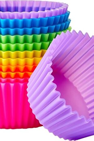 Amazon Basics Reusable Silicone Baking Cups, BPA Free Muffin Liners, Dishwasher Safe, 2.9 x 2.9 x 1.3 in (LxWxH), Multicolor, Pack of 12