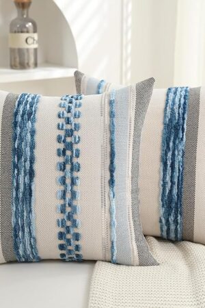 Boho Pillow Covers 18x18 Set of 2 for Couch-Modern Farmhouse Sofa Decorative Blue Throw Pillow Covers Textured Chenille Cushion Covers Outdoor Netural Bohemian Pillow Cases Square