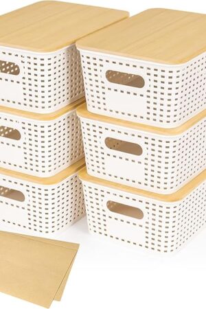 6 Pack Plastic Storage Baskets With Bamboo Lid, Stackable Storage Baskets for Organizing Desktop Closet Shelves Drawers Pantry Organization Office Playroom Classroom