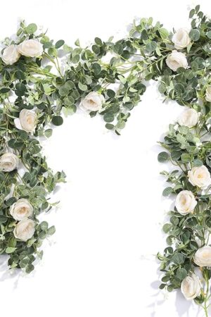 Der Rose 2Pcs Artificial Eucalyptus Flower Garland with Fake Rose Flower Vine Seeded Eucalyptus Leaves Greenery Garland for Wedding Table Runner Backdrop Party Centerpiece Decor (White-Total 13FT)